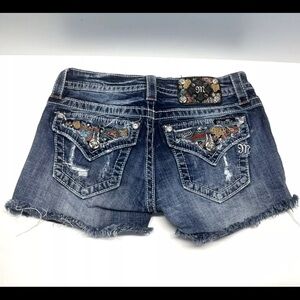 Miss Me Blue Jean Shorts with Frayed Hem and Embroidery